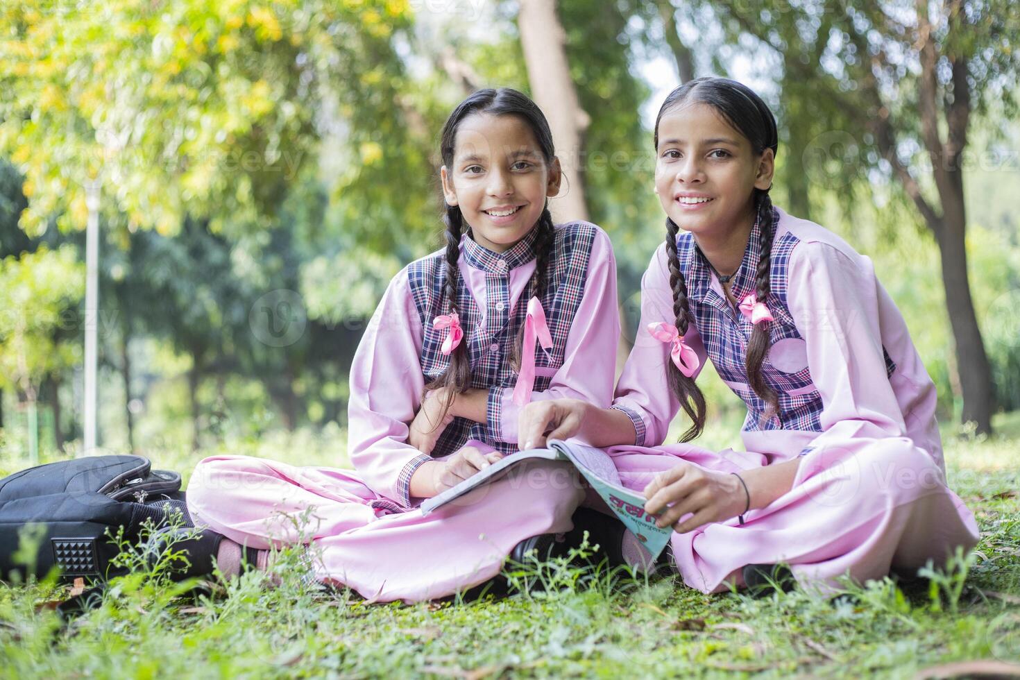 School Classfellow Girls Eating Lunch From Tiffin Box While Sitting In Park At School photo