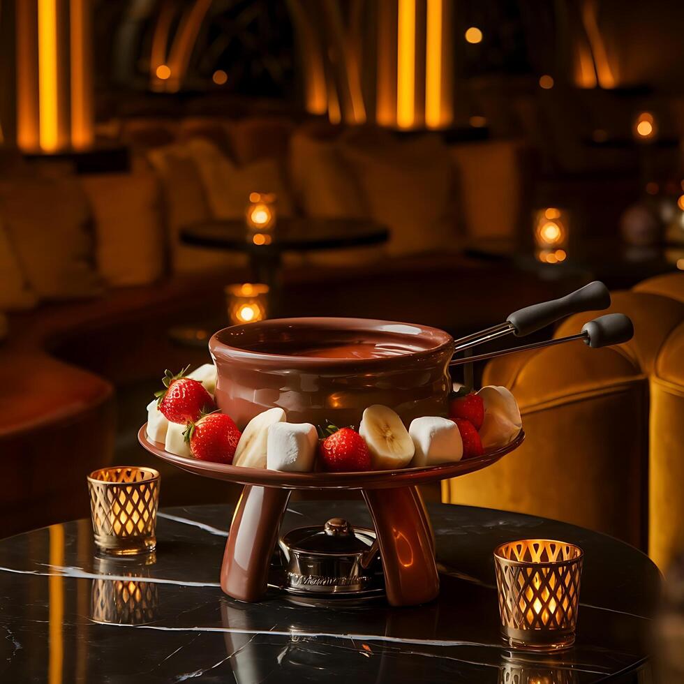 A fondue is on a table with strawberries and bananas photo