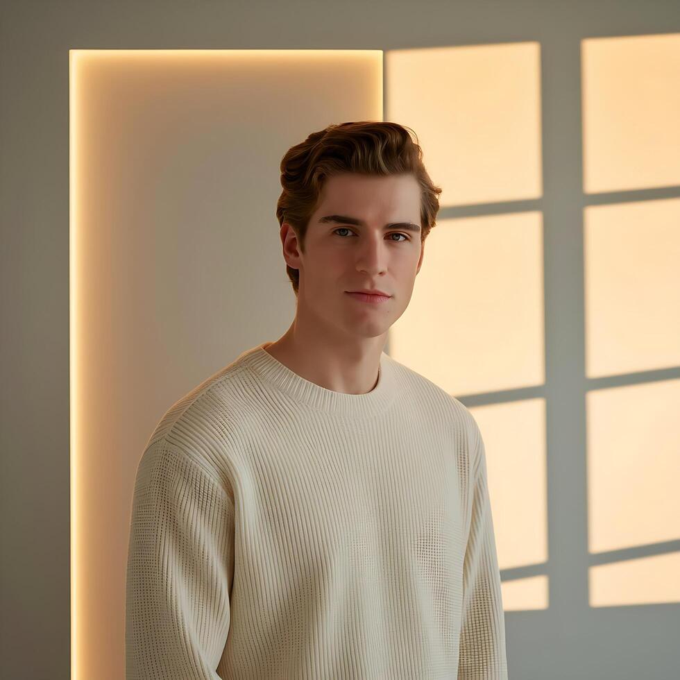 A man in a sweater standing in front of a window photo