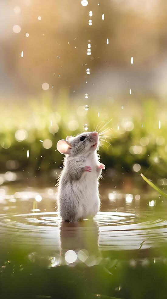 A mouse standing in water with water droplets falling from the sky photo