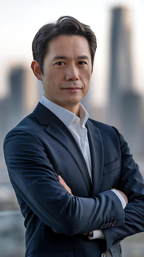 A man in a suit and tie standing in front of a cityscape photo