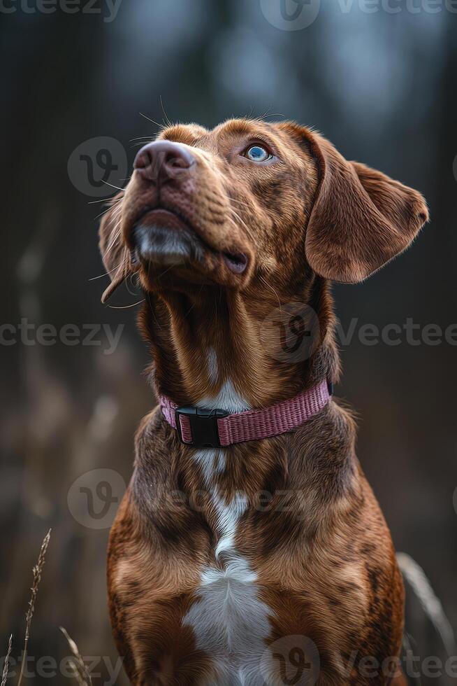 A dog looking up at the sky in a field photo