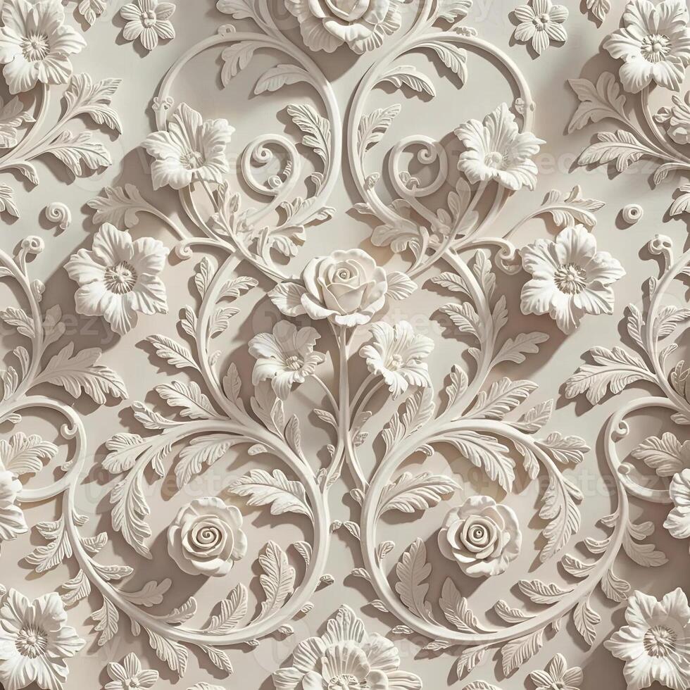 This high-resolution image showcases a meticulously detailed floral relief pattern on a light beige background. photo
