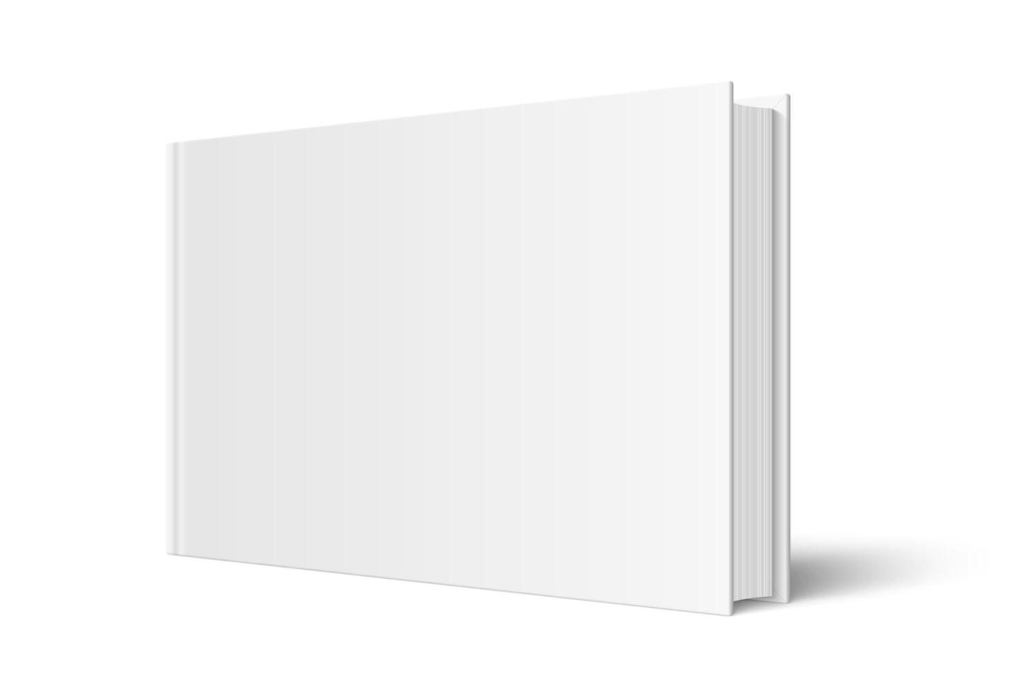 mock up of standing book with white blank cover isolated. Closed horizontal hardcover book, catalog or magazine mockup on white background. 3d illustration. Diminishing perspective. vector