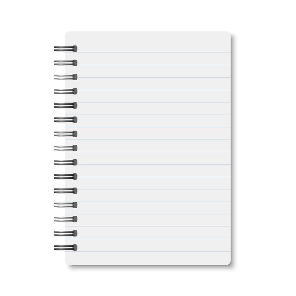 White realistic a6 notebook opened with soft shadows. vertical blank copybook with silver metallic spiral on white background. Mockup of horizontal lined organizer or diary isolated. vector