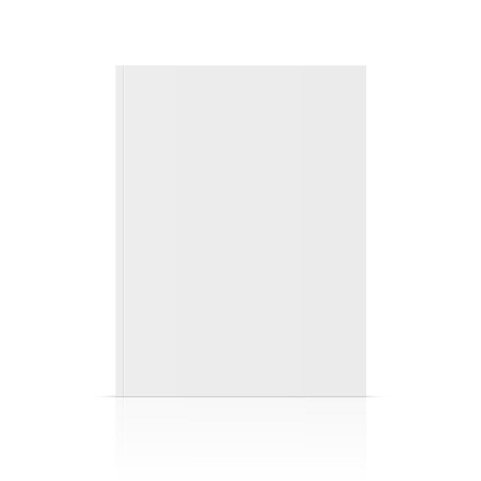 realistic standing 3d magazine mockup with white blank cover isolated. Closed vertical paperback book, brochure, catalog or magazine mock up with glossy reflection on background. Front view. vector