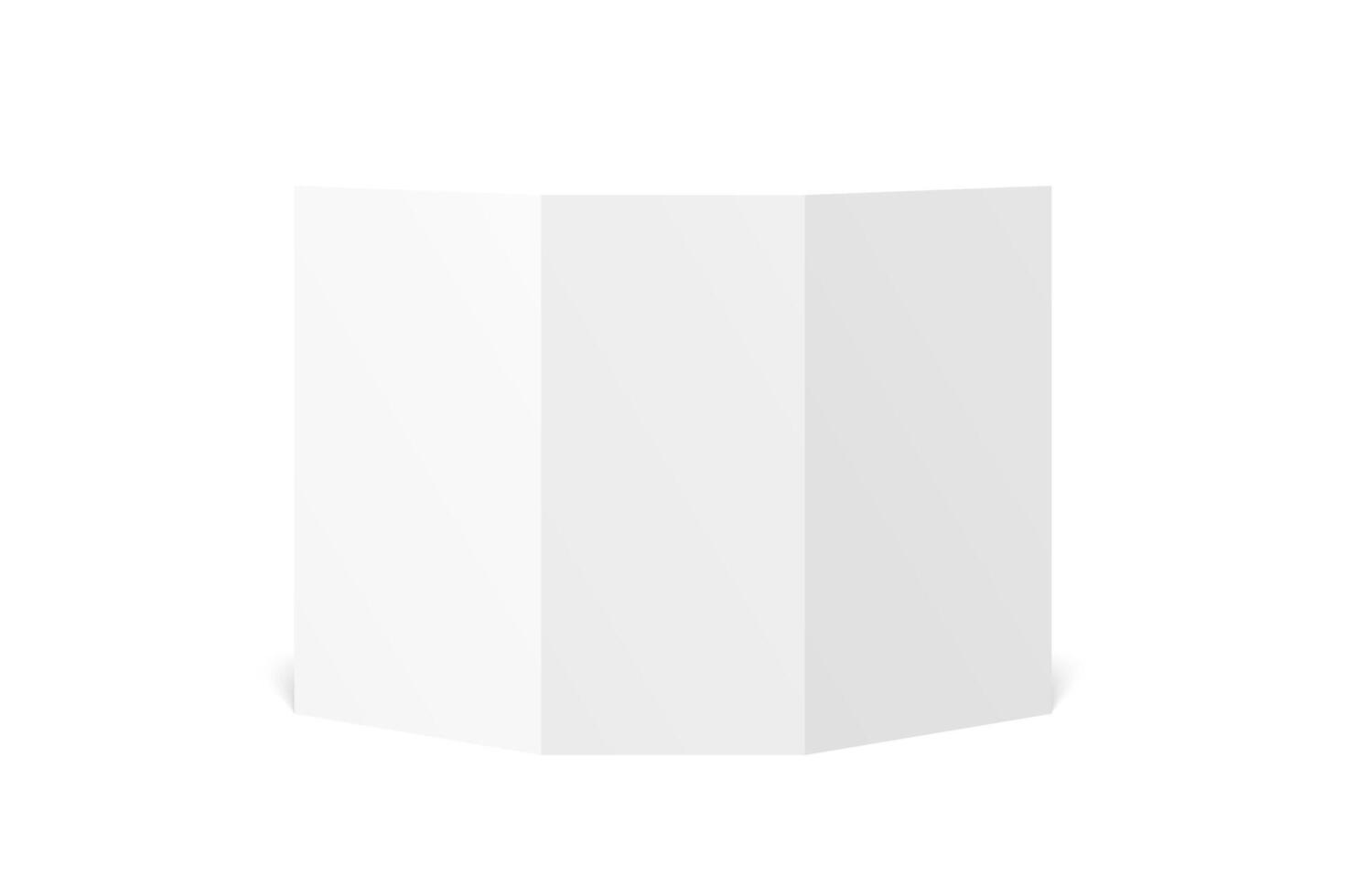 blank white trifold leaflet opened on white background. Folded paper sheet in A4. Mock up of standing empty cover, leaflet, brochure, pamphlet, flyer isolated. 3D illustration. Back side. vector
