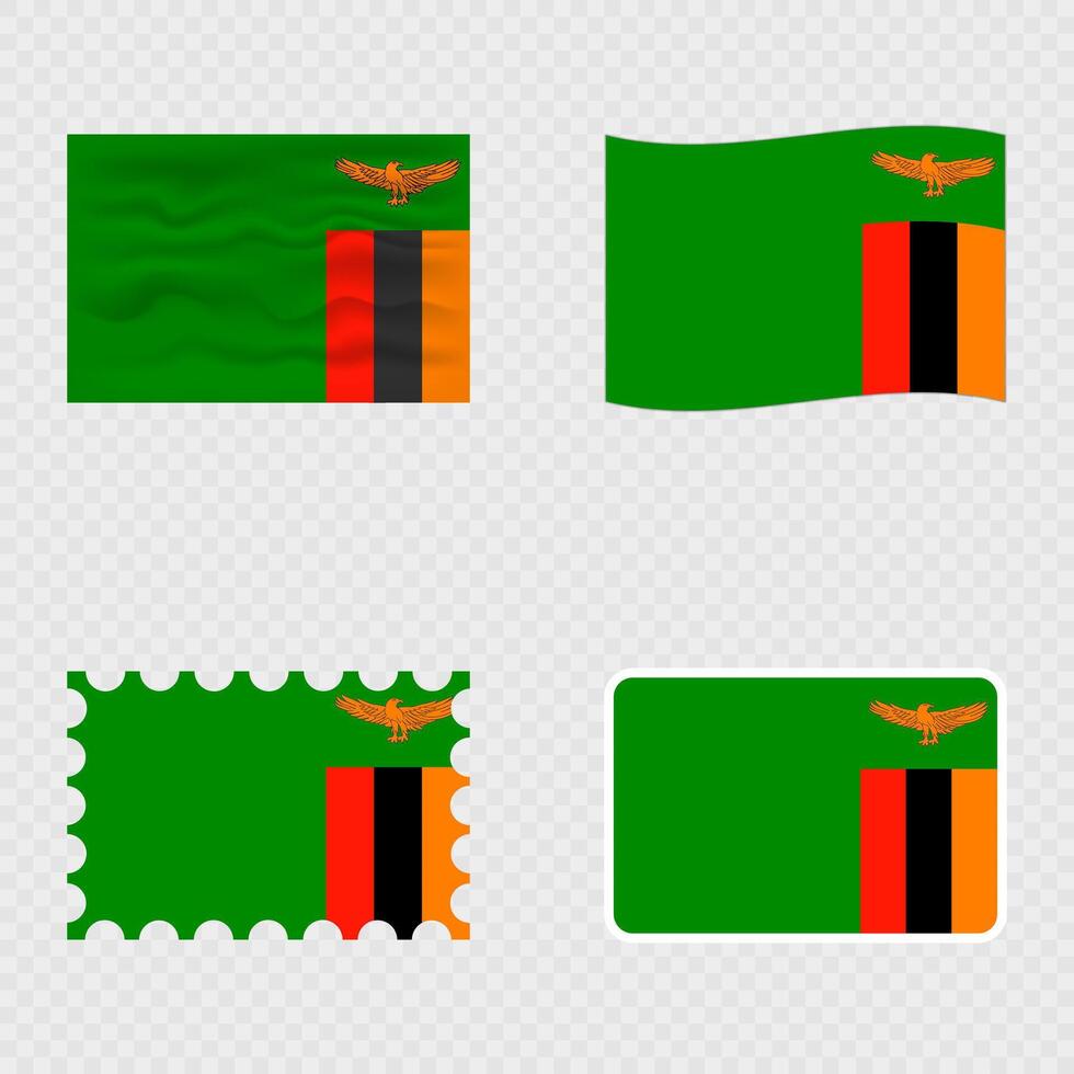 Zambia national flag in four different styles. vector