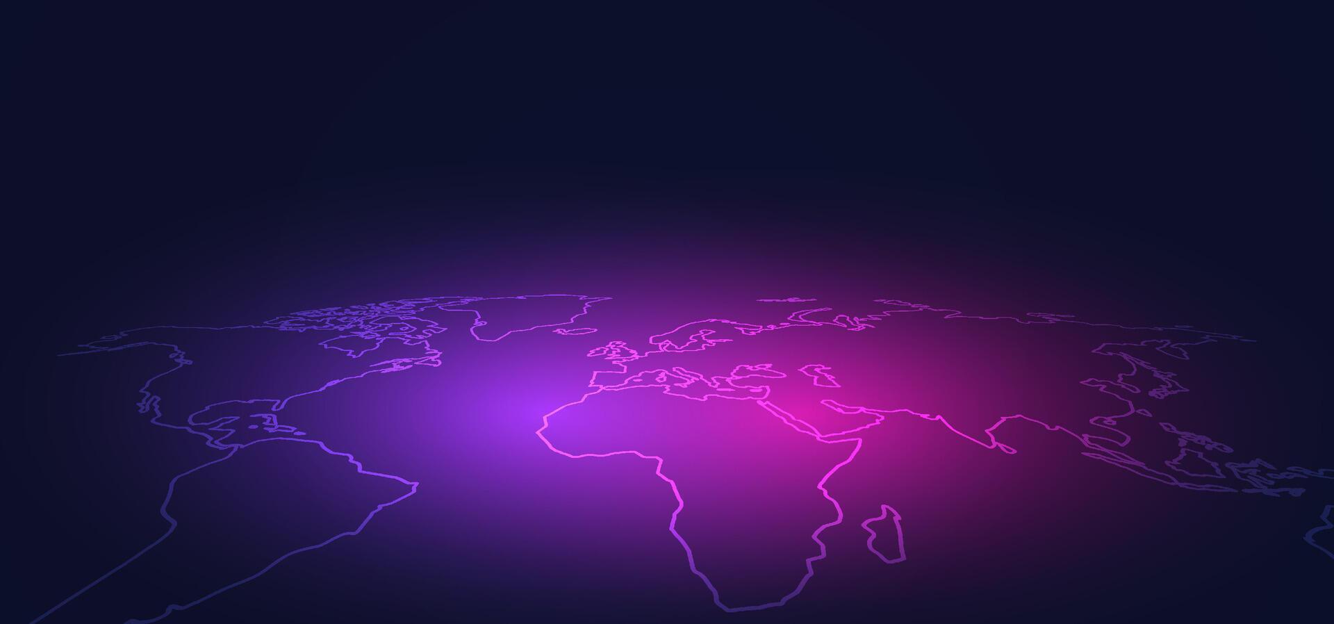 Digital world map illustration with futuristic neon lighting on a dark background. Great for global tech themes, data networks, and international communication visuals vector