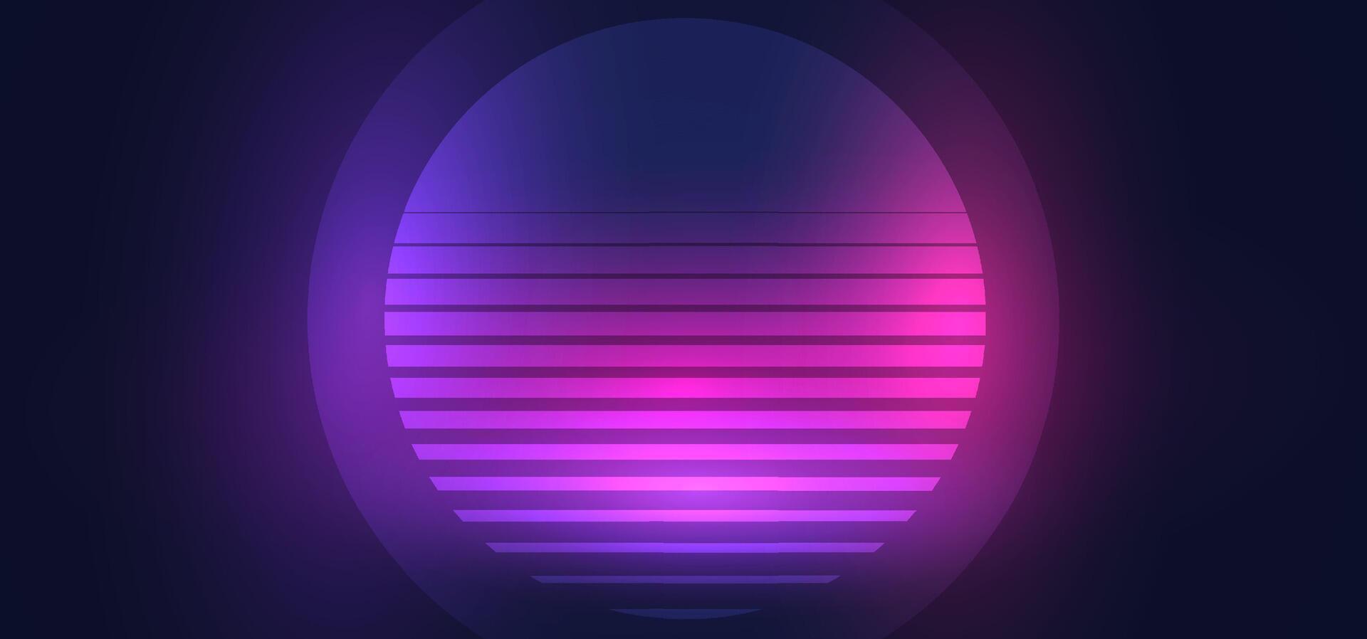Abstract retro-futuristic sphere with horizontal lines in purple and pink tones, over a dark digital background. Great for tech banners, visual identity, or cyberpunk-style designs vector