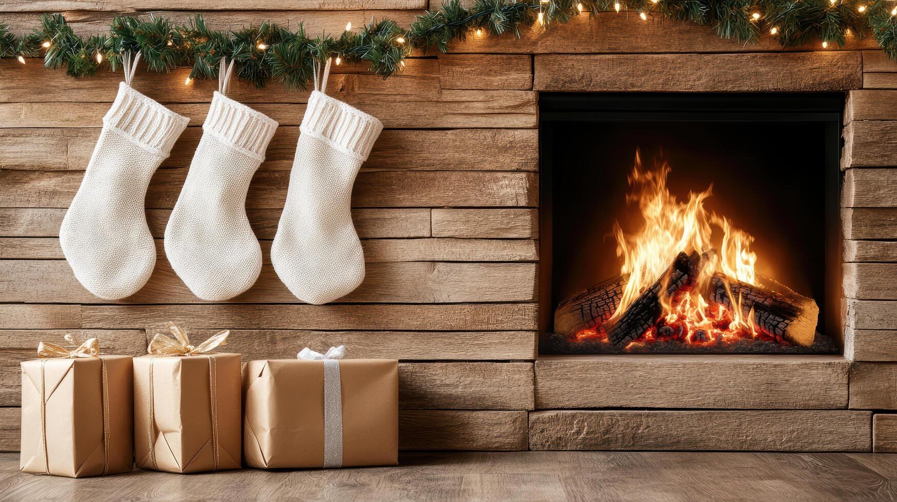 Christmas stockings and presents on fireplace photo