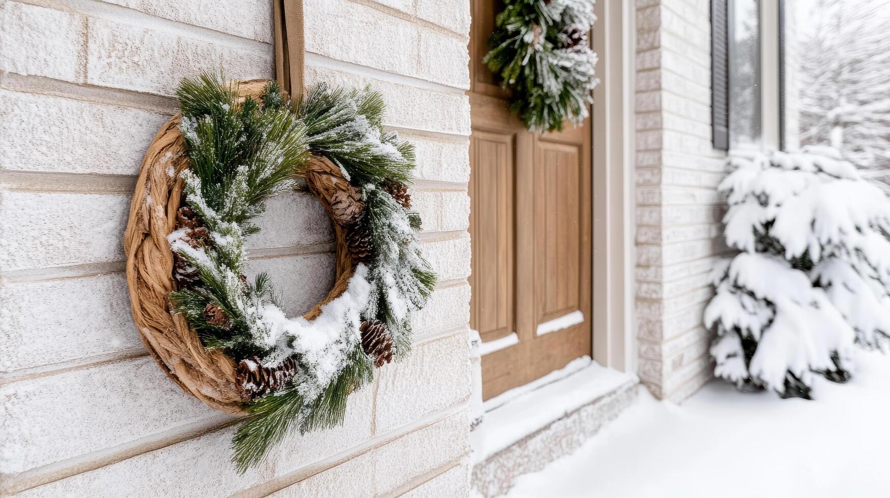 A wreath on the front door of a house in the snow photo