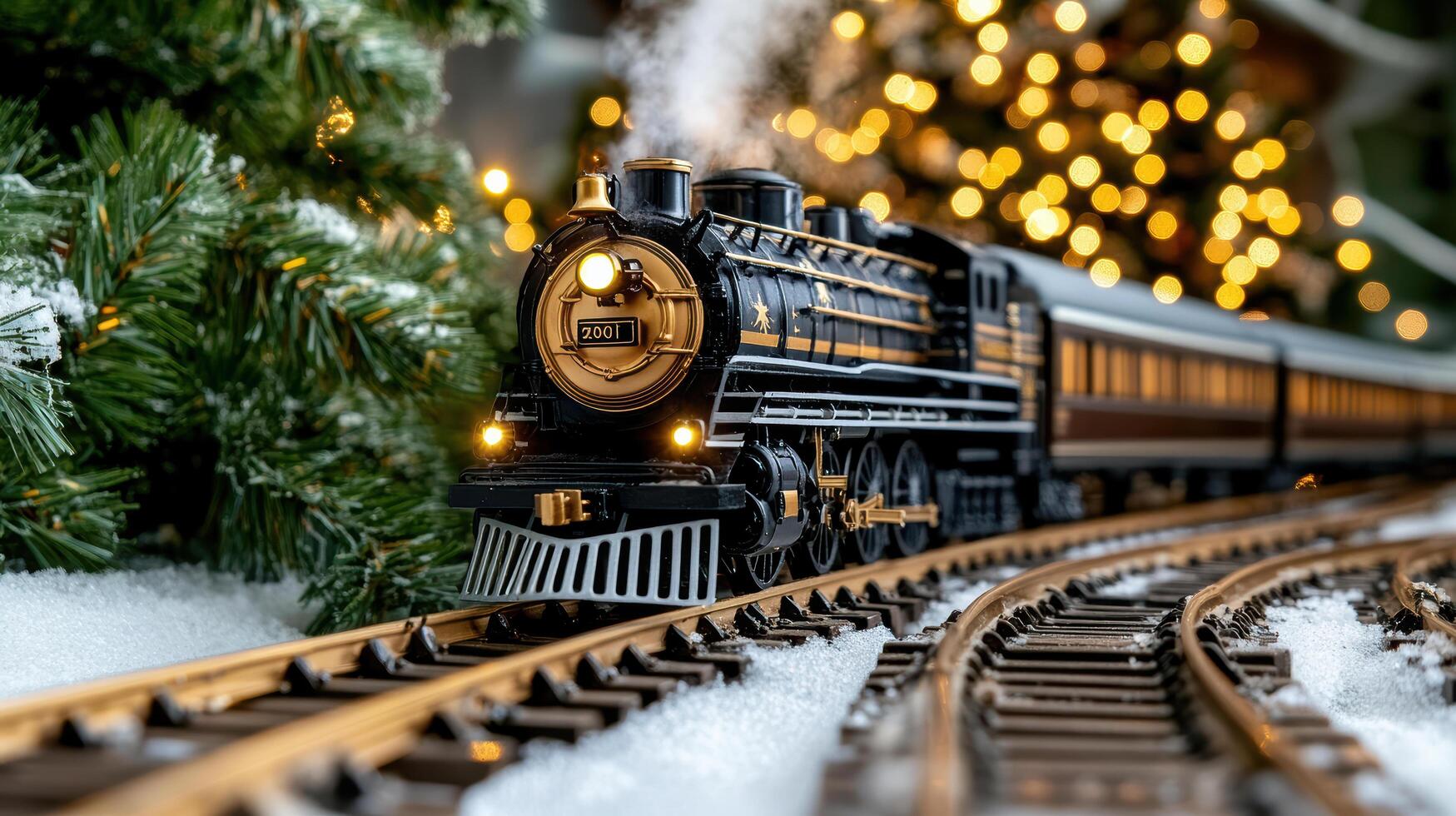 A toy train is on the tracks in front of a christmas tree photo