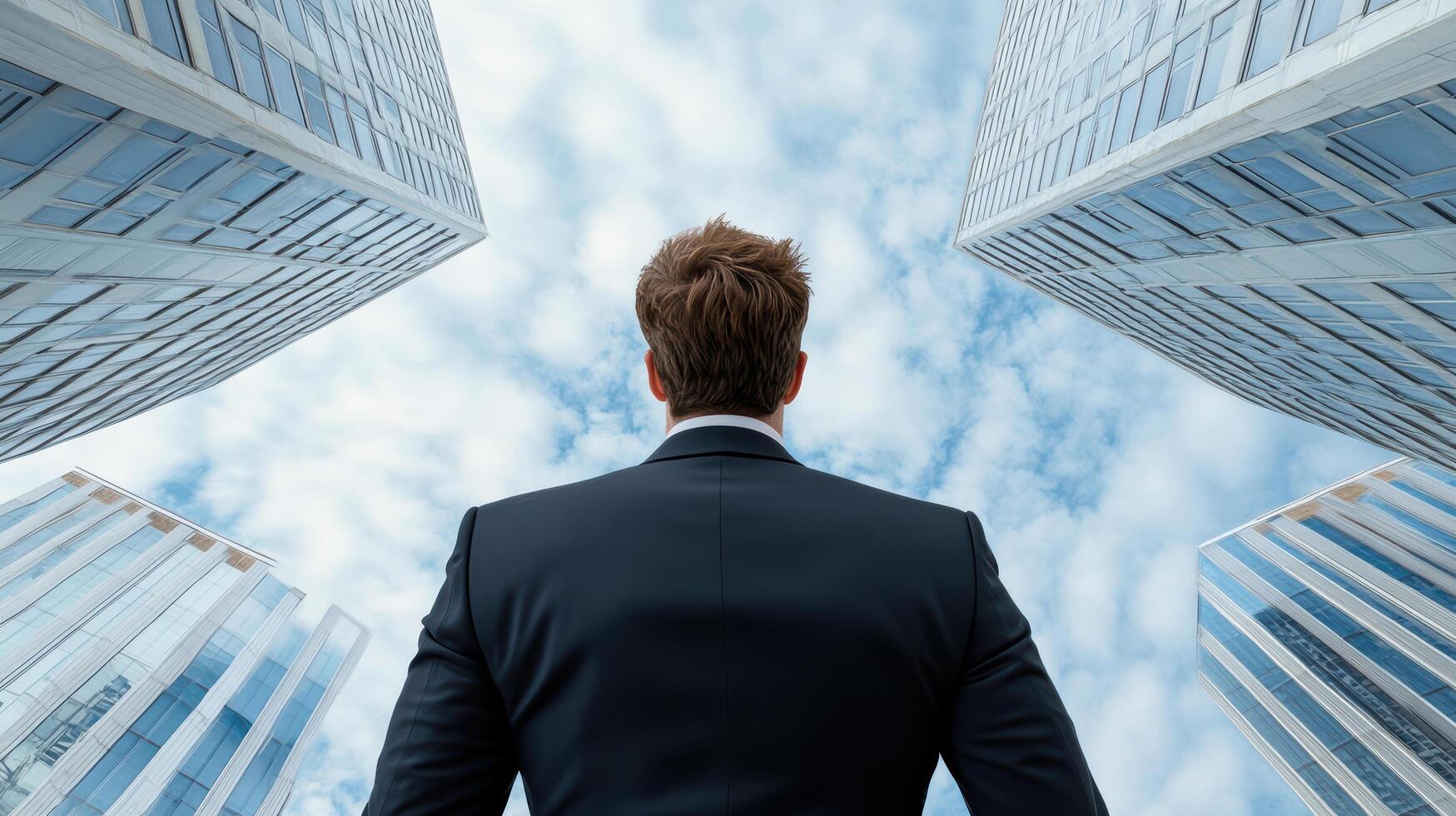 Businessman looking up at skyscrapers photo