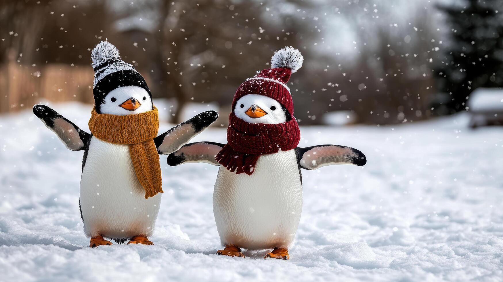 Two penguins wearing hats and scarves in the snow photo