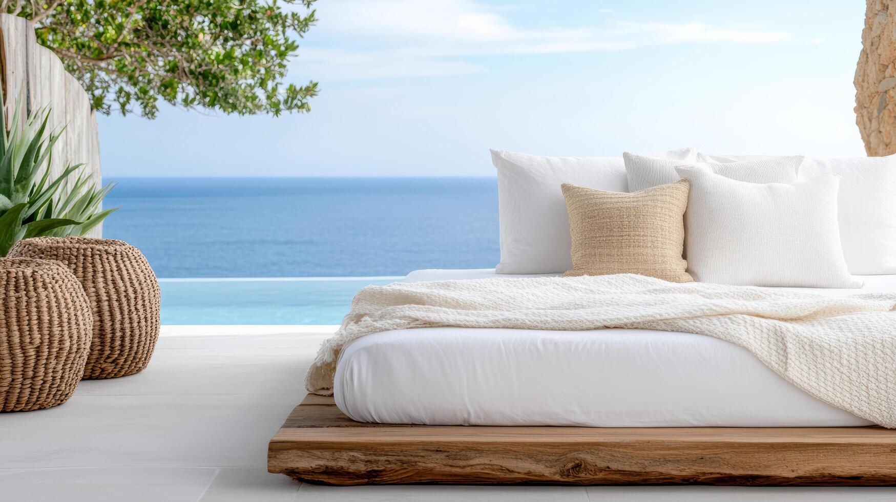 A bed with white linens and pillows sitting on a white patio photo