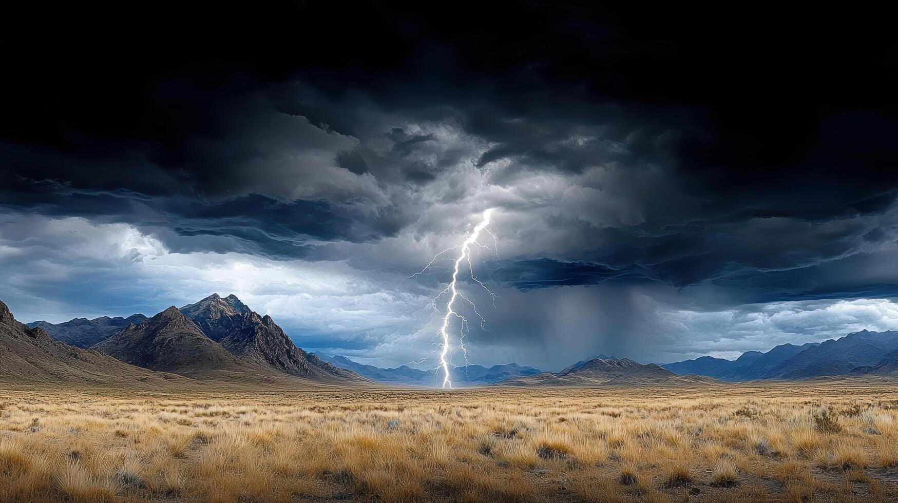 Lightning strikes over a mountain range in the middle of a storm photo