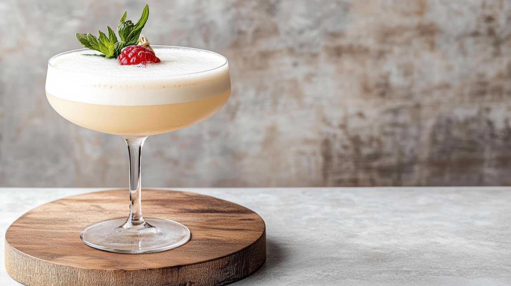 A cocktail with a strawberry garnish on top of a wooden board photo