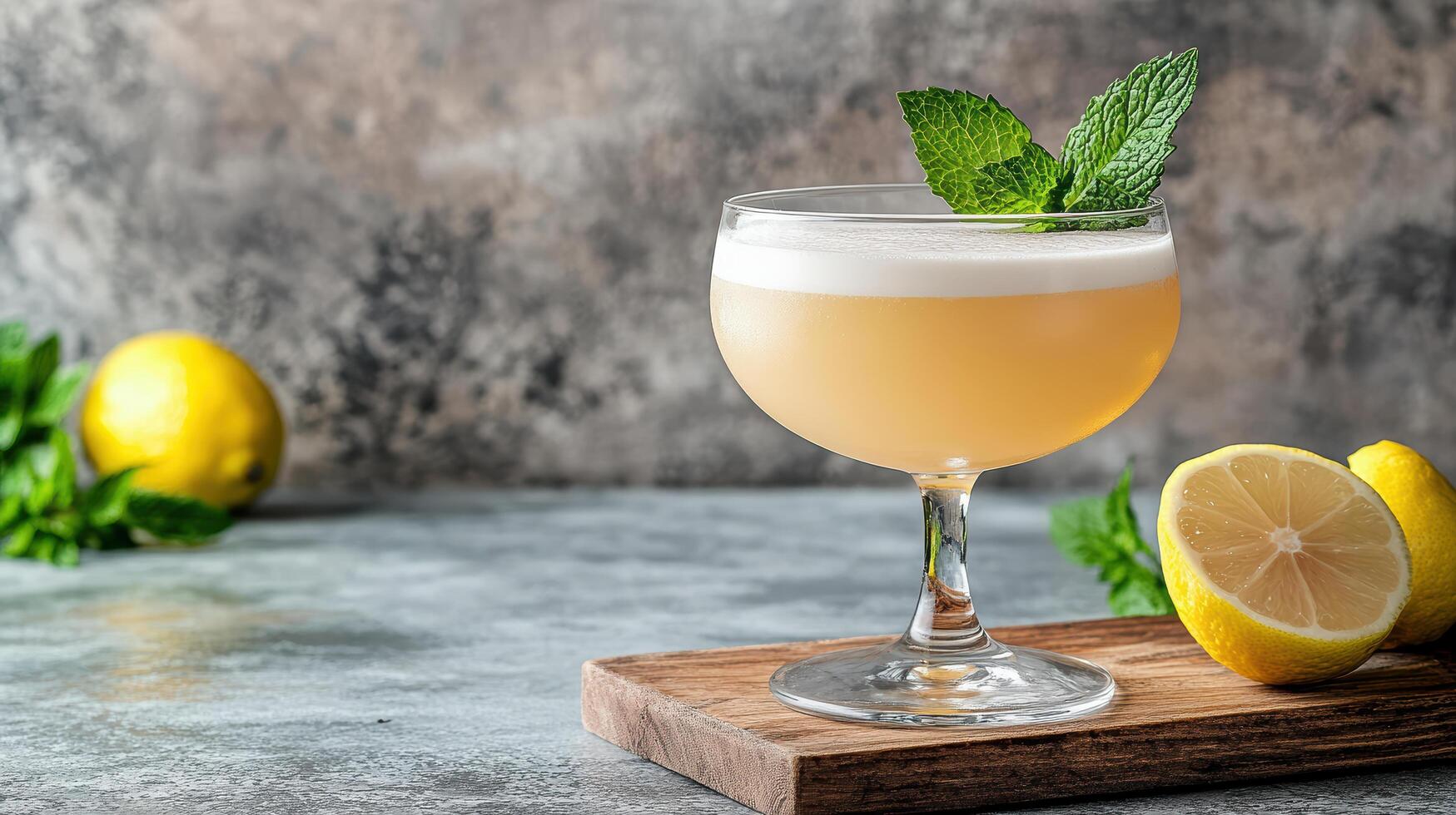 A glass of lemonade with mint leaves on a wooden board photo