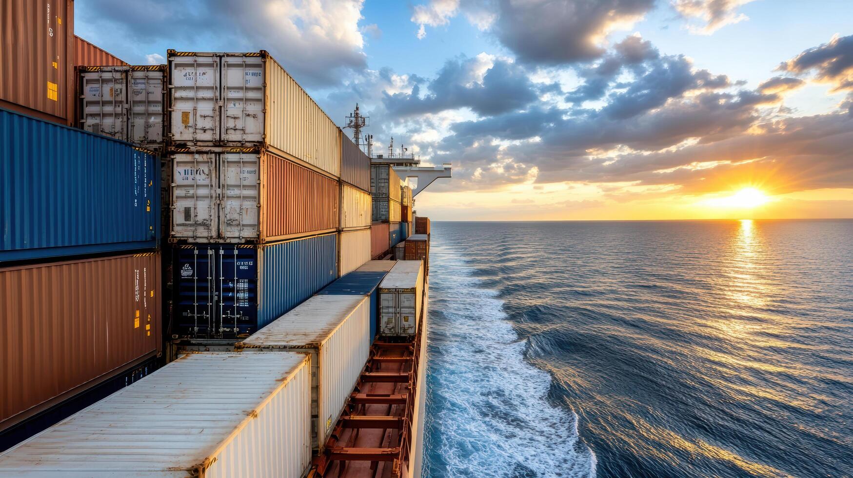 A container ship is sailing through the ocean at sunset photo
