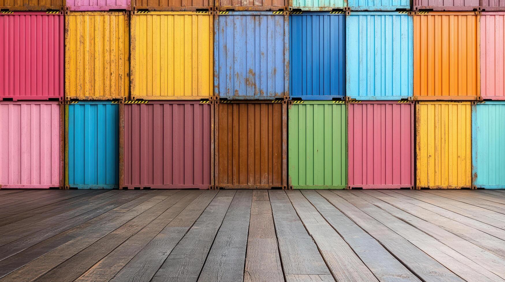 Colorful shipping containers in a room with wooden floor photo