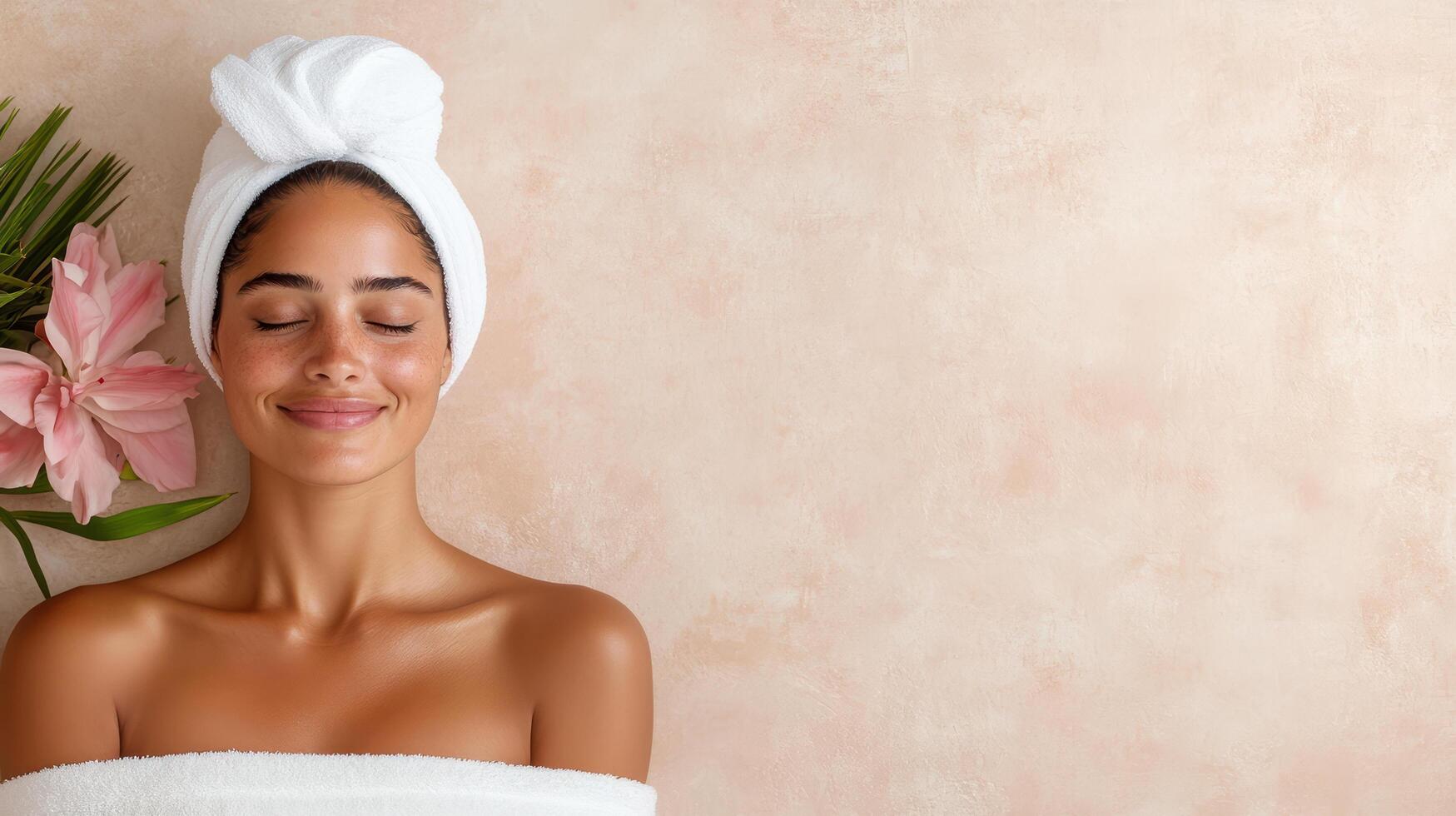 A woman in a towel with a flower photo