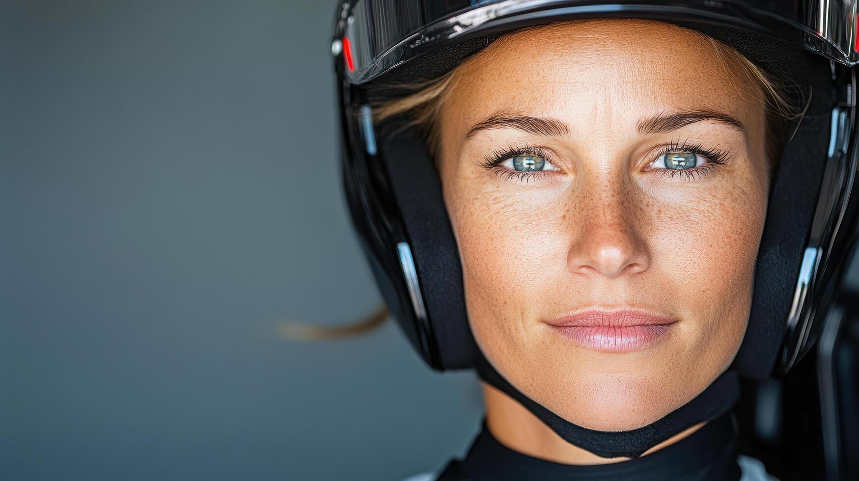 A woman wearing a helmet and looking at the camera photo