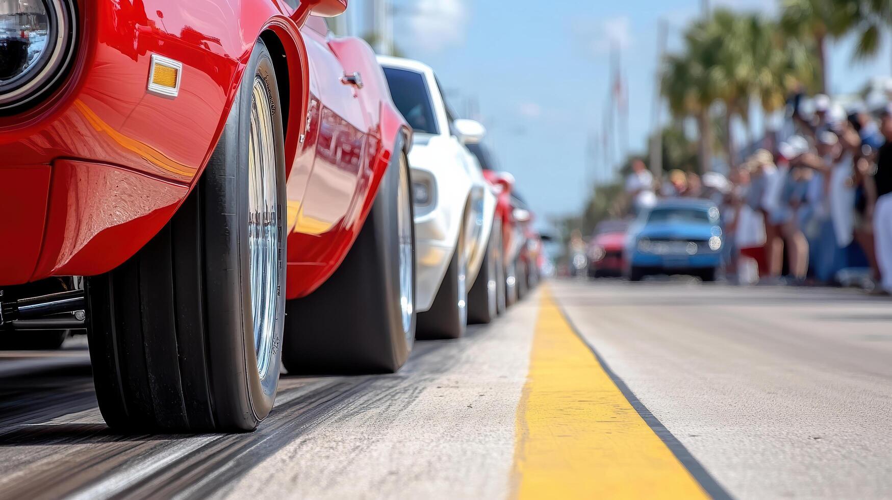 A red muscle car is parked on the side of the road photo