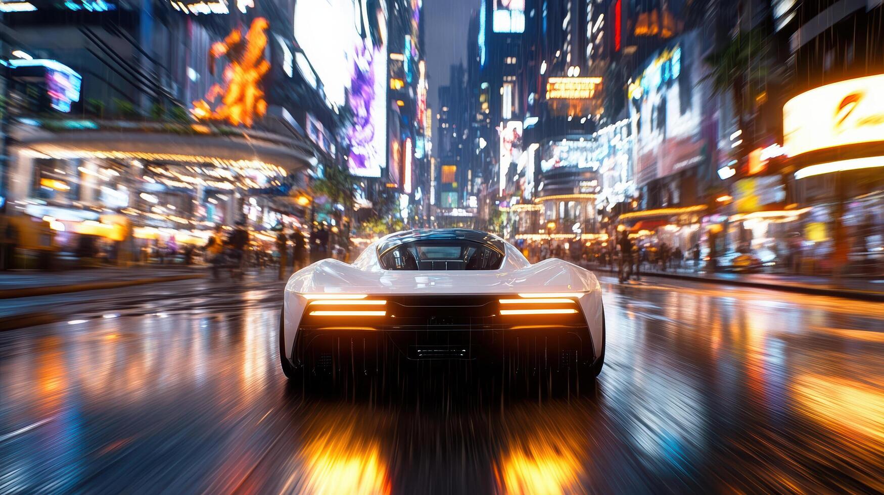 A futuristic car driving down a city street at night photo