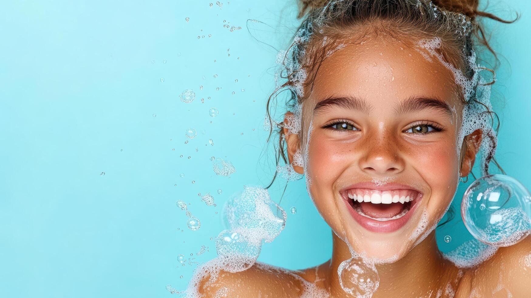 A young girl is smiling while taking a bath photo