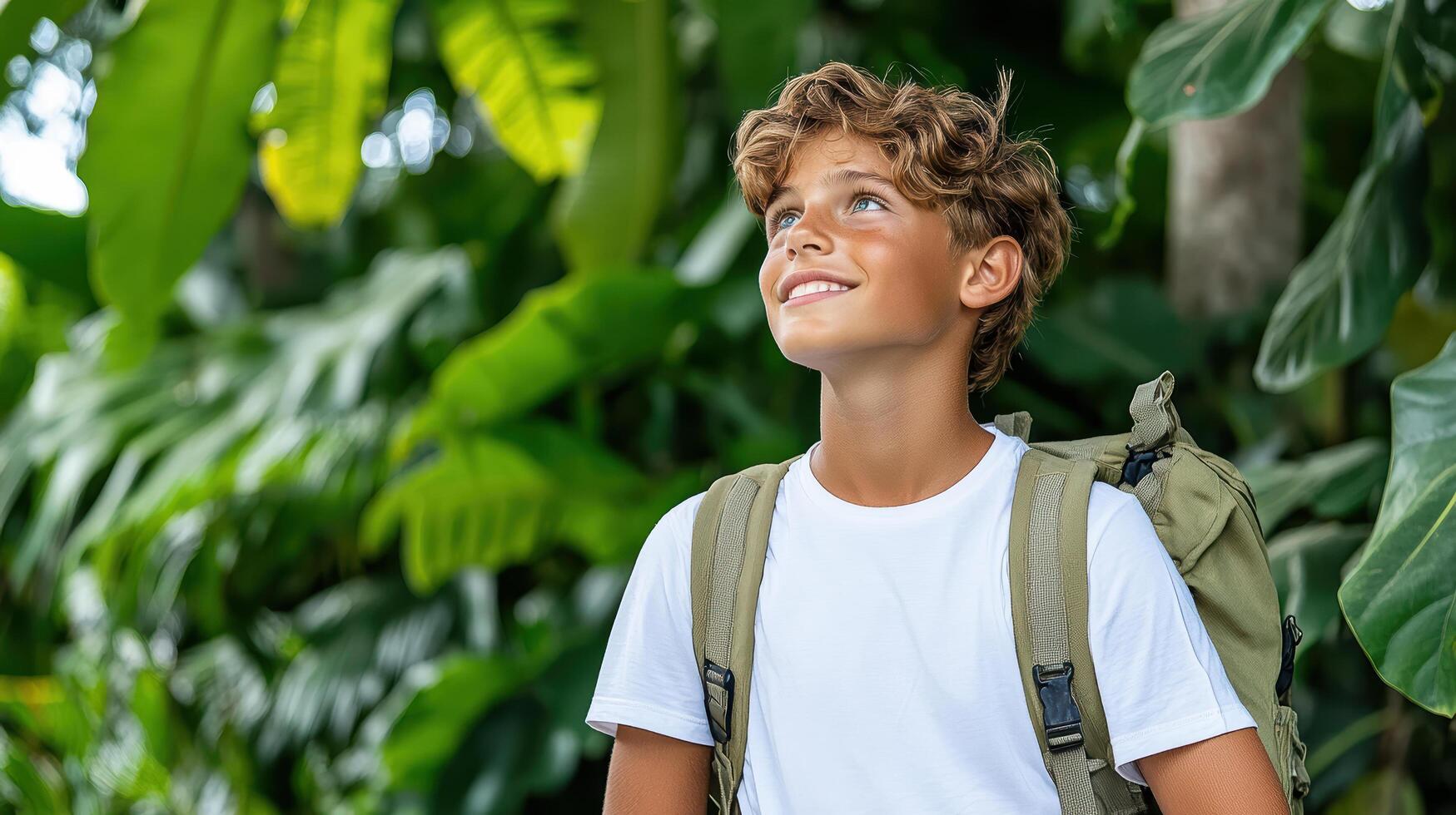 A boy with a backpack standing in front of some plants photo