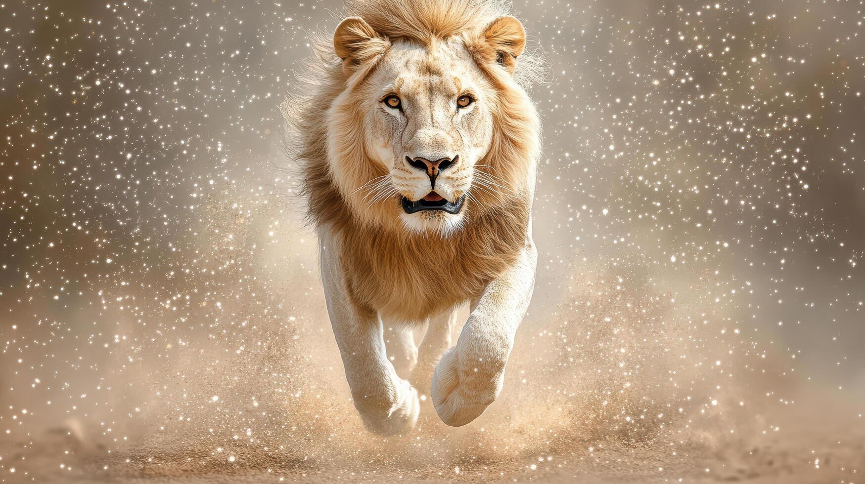 A lion running through the snow photo