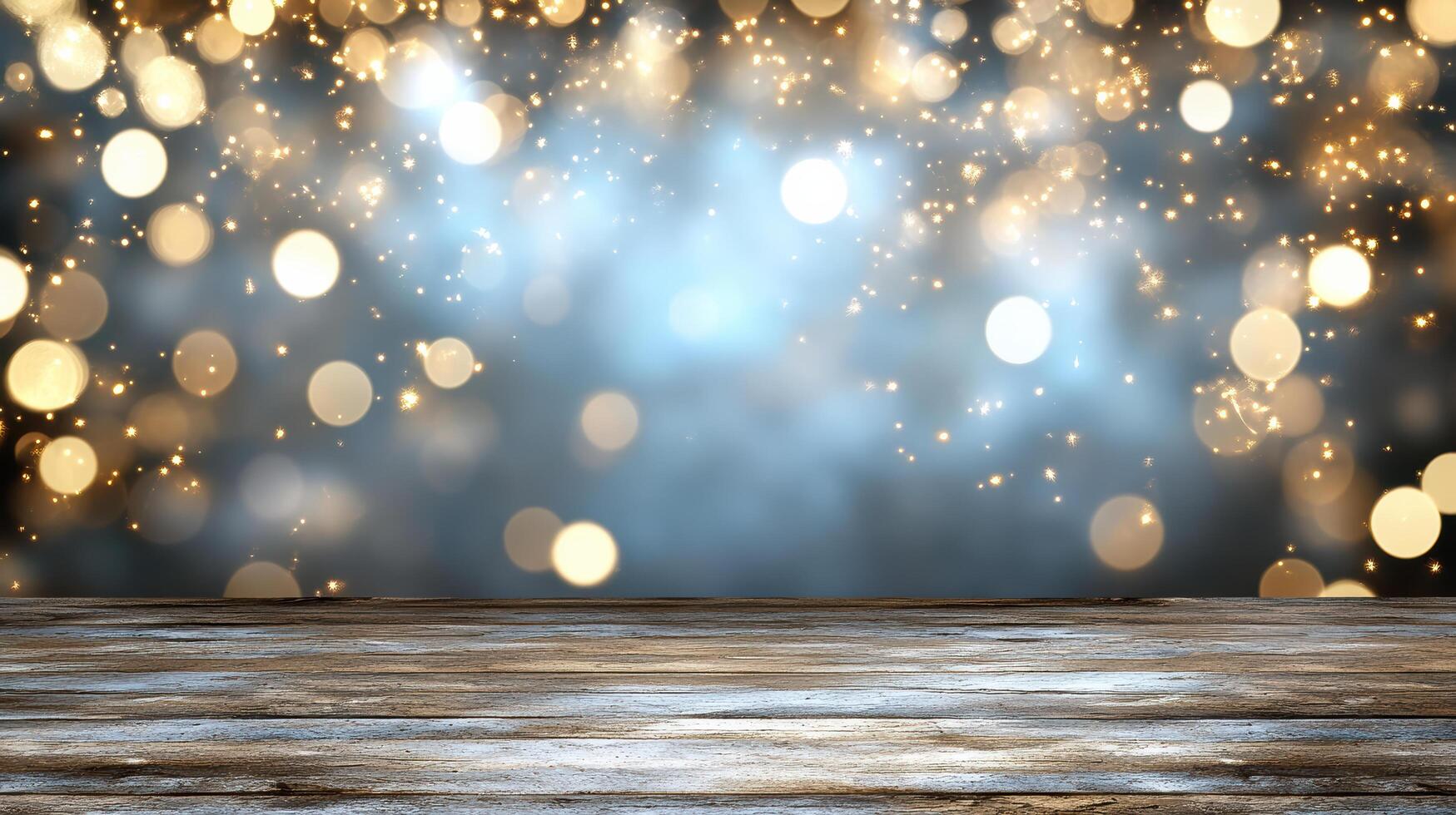Wooden table with bokeh lights background photo