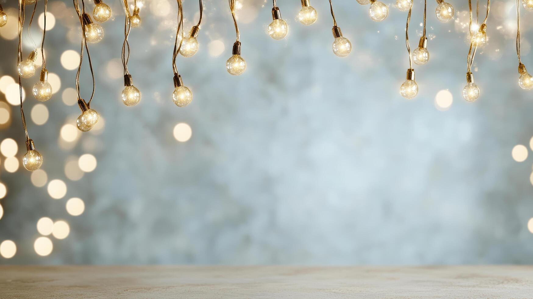 Christmas lights on a table with a wooden background photo