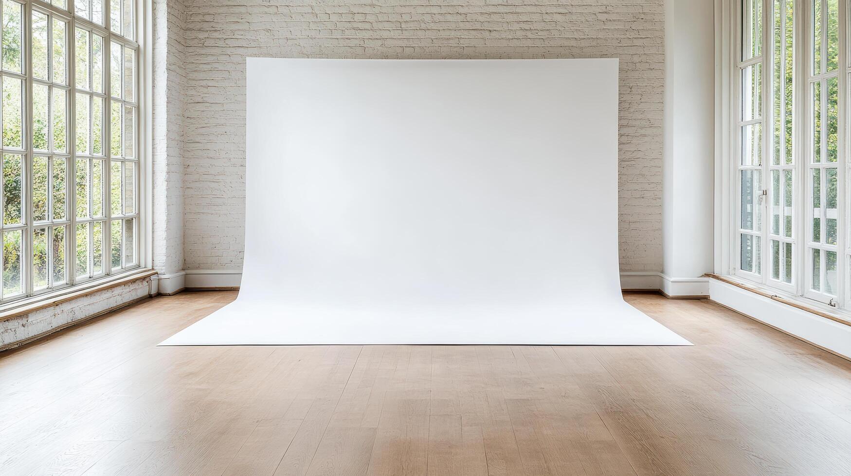 White photo studio with wooden floor and windows