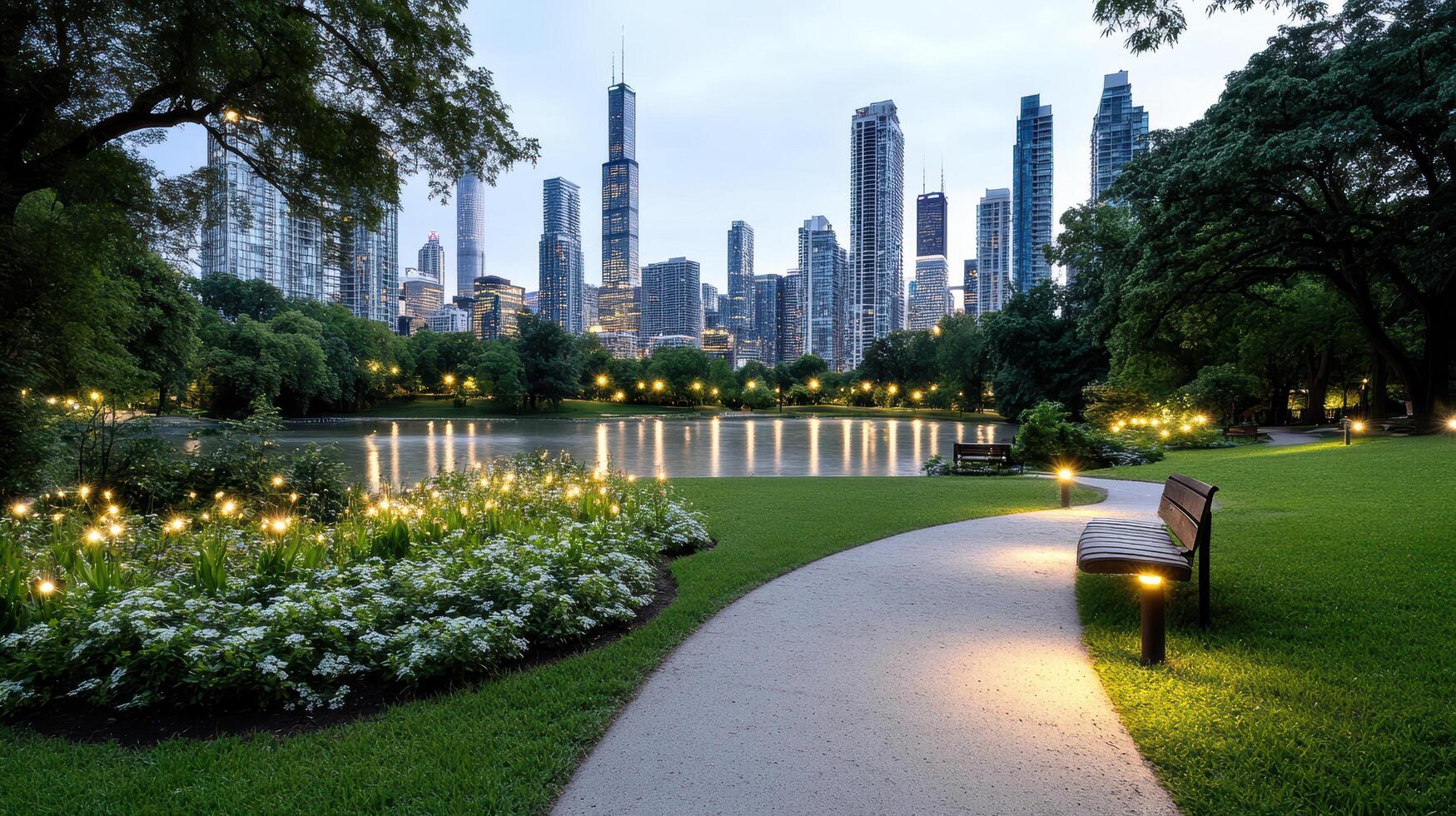 A park with a pathway leading to a lake and city skyline photo