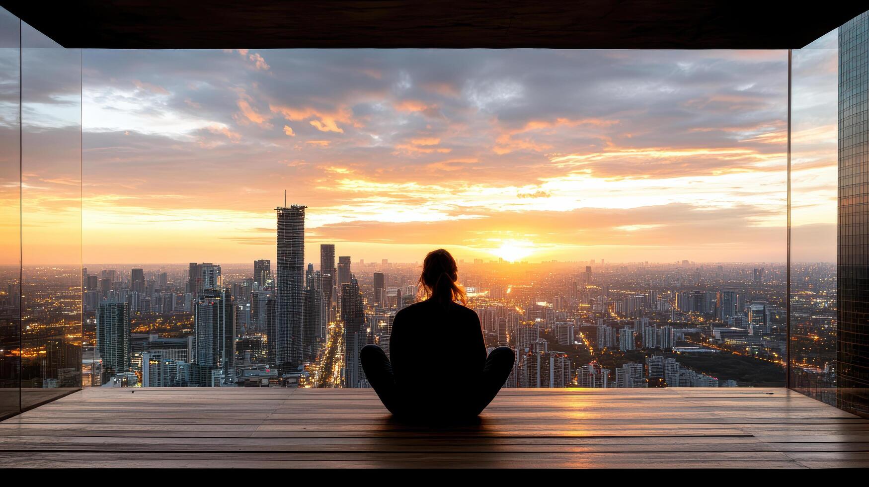 A person sitting in front of a window looking out at a city photo