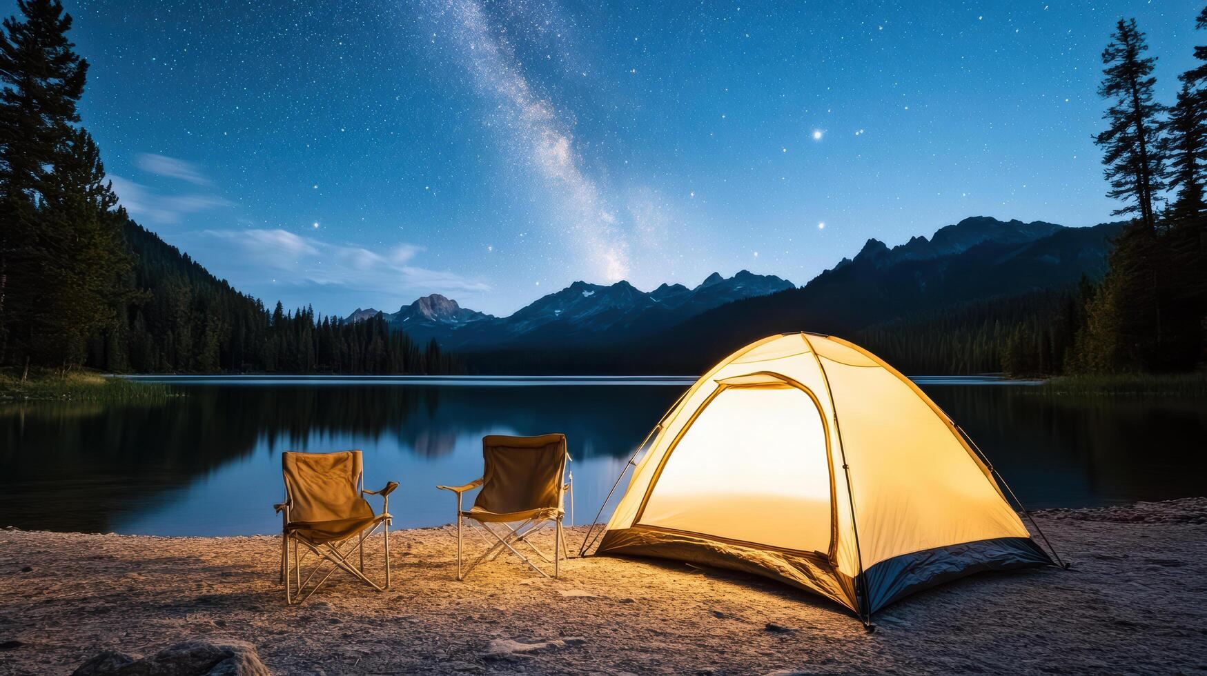 A tent and chairs by a lake at night photo