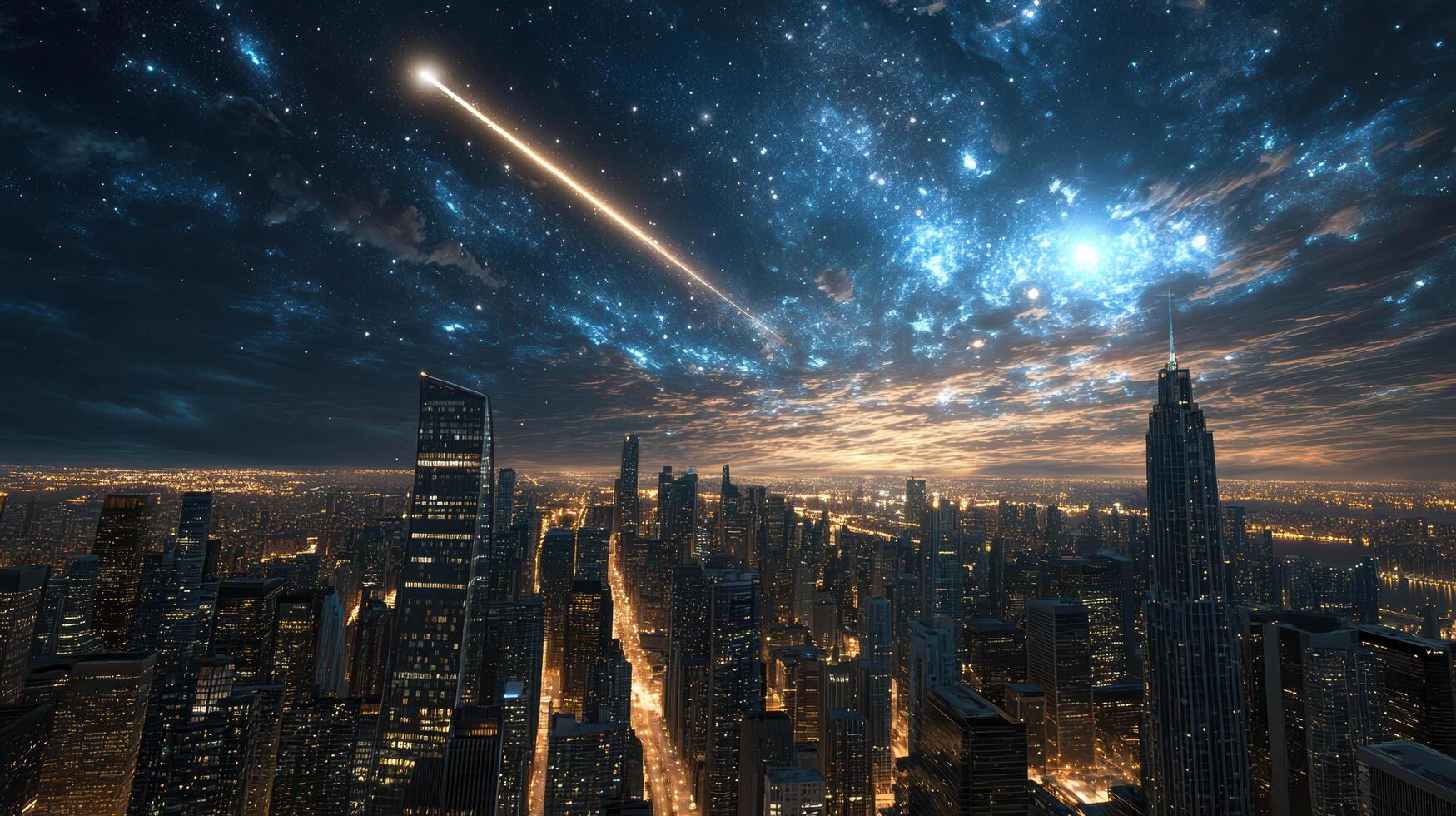 A city with a shooting star in the sky photo