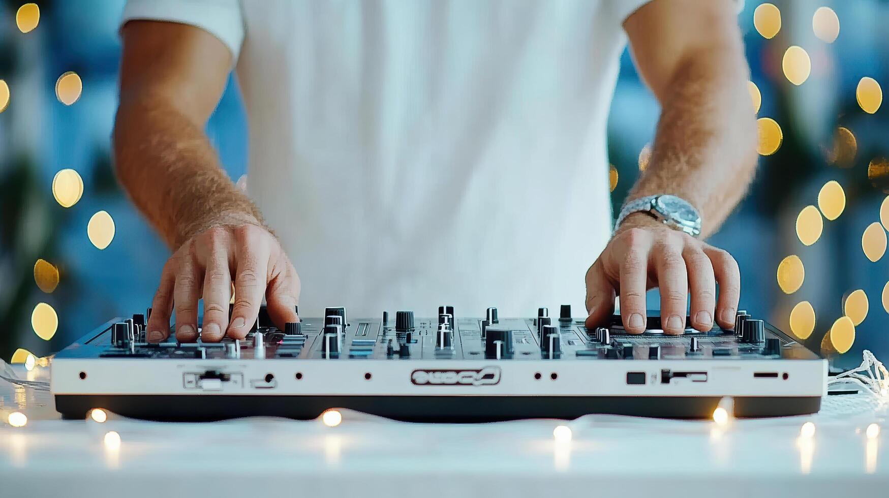 A dj mixing music on a dj mixer photo