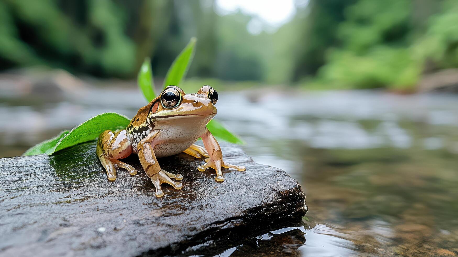 A frog sitting on a rock in front of a river photo