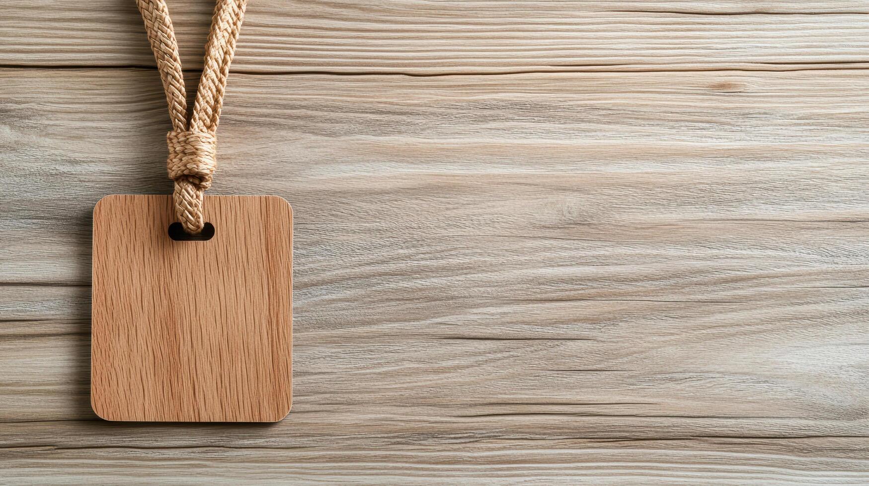 Wooden tag hanging from a rope on a wooden table photo