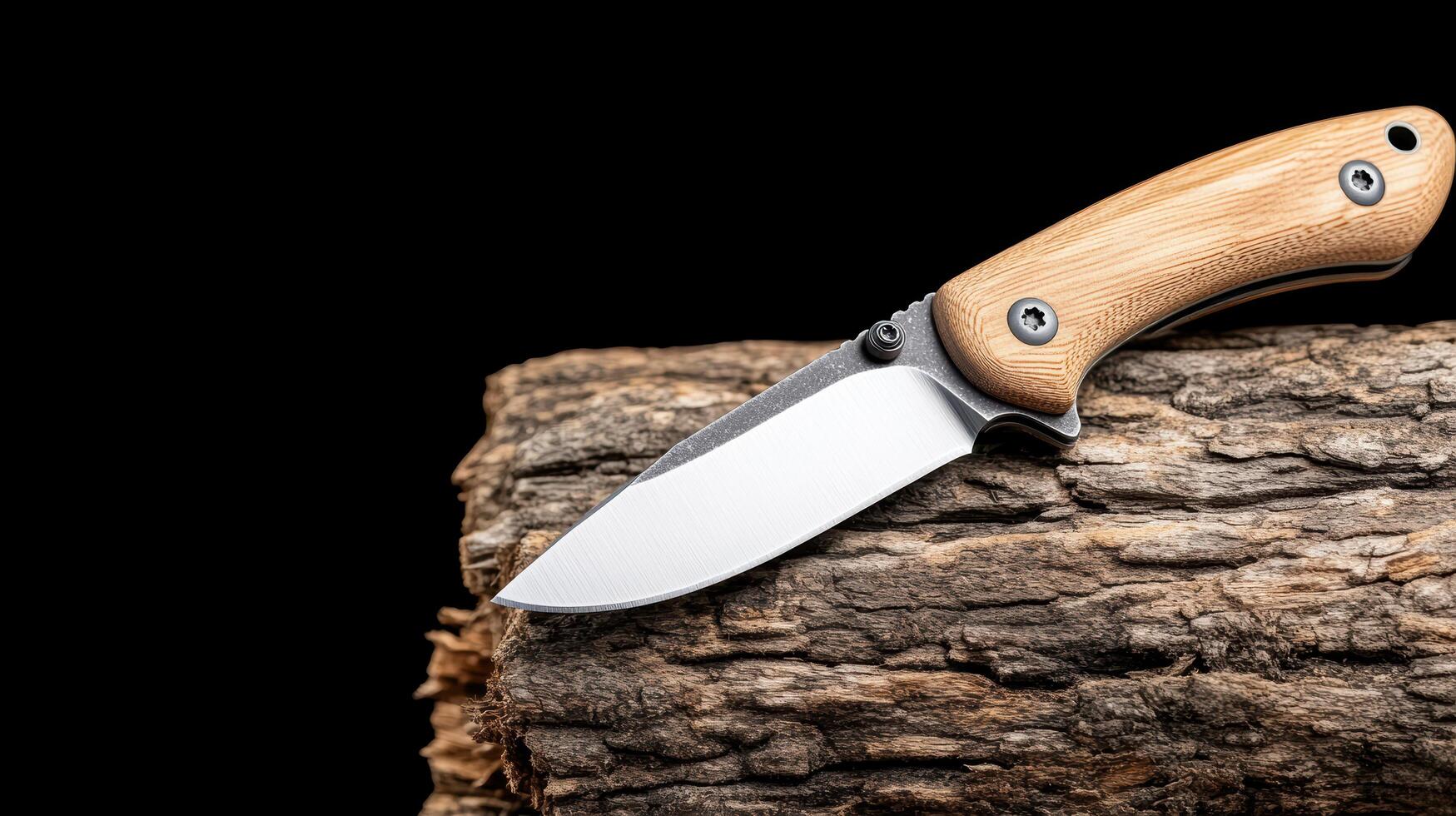 A knife is sitting on top of a log photo