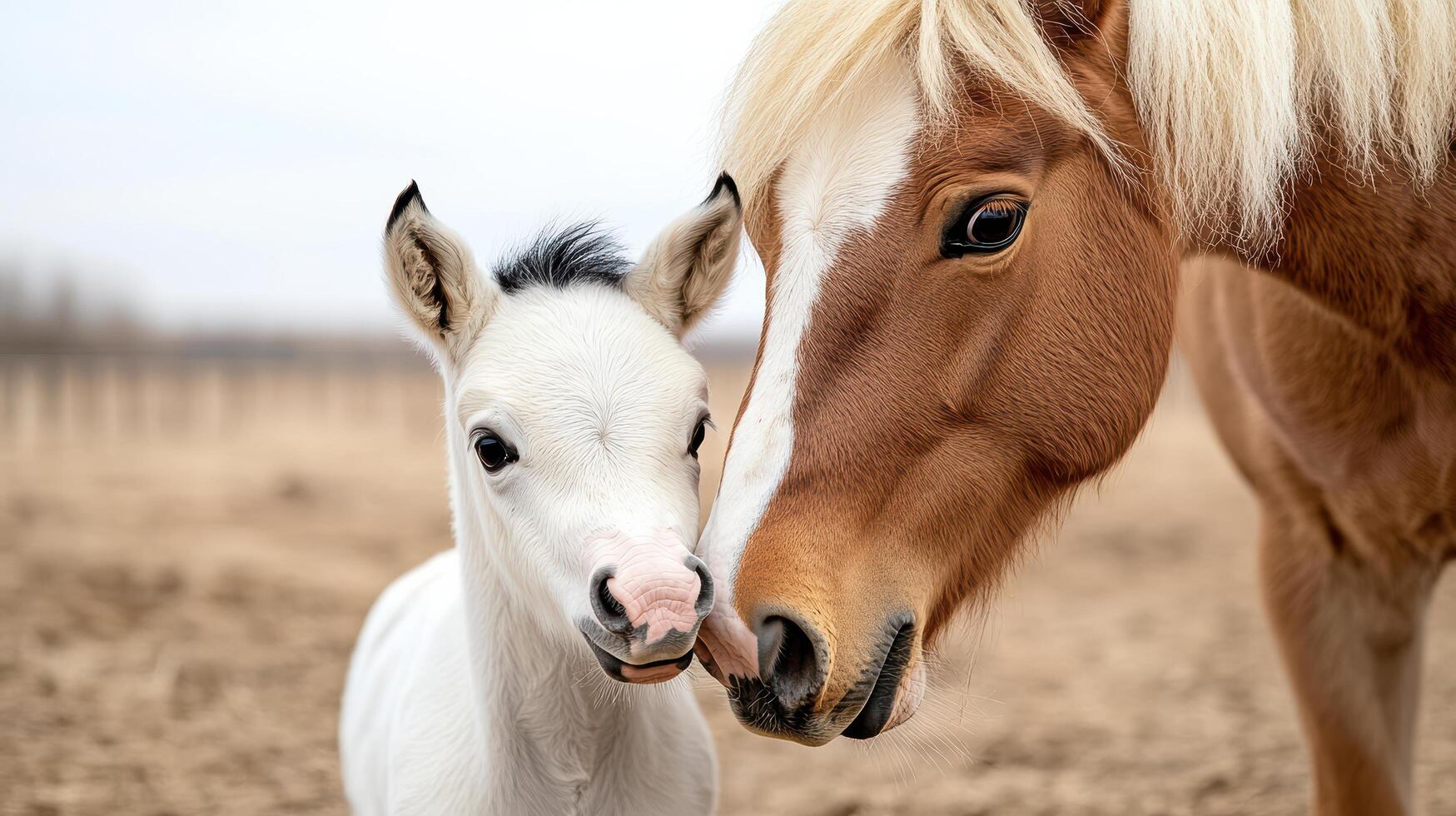 A horse and a baby horse standing in a field photo