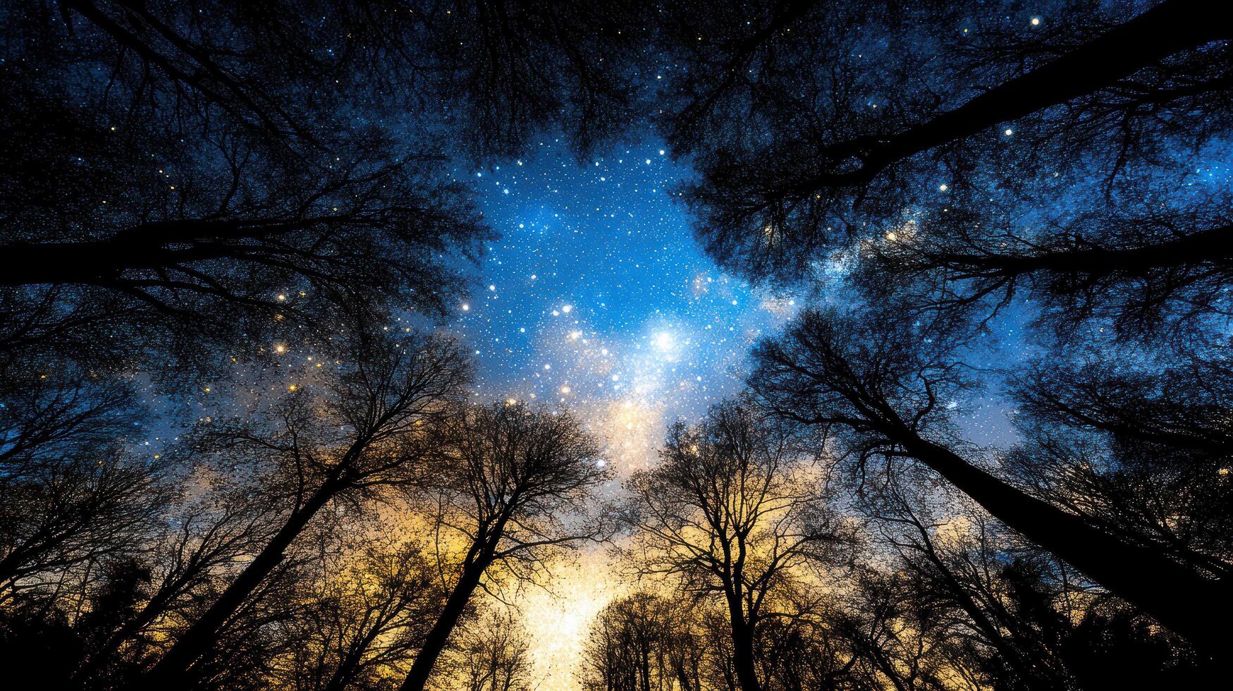 The sky is filled with stars and the trees are silhouetted photo