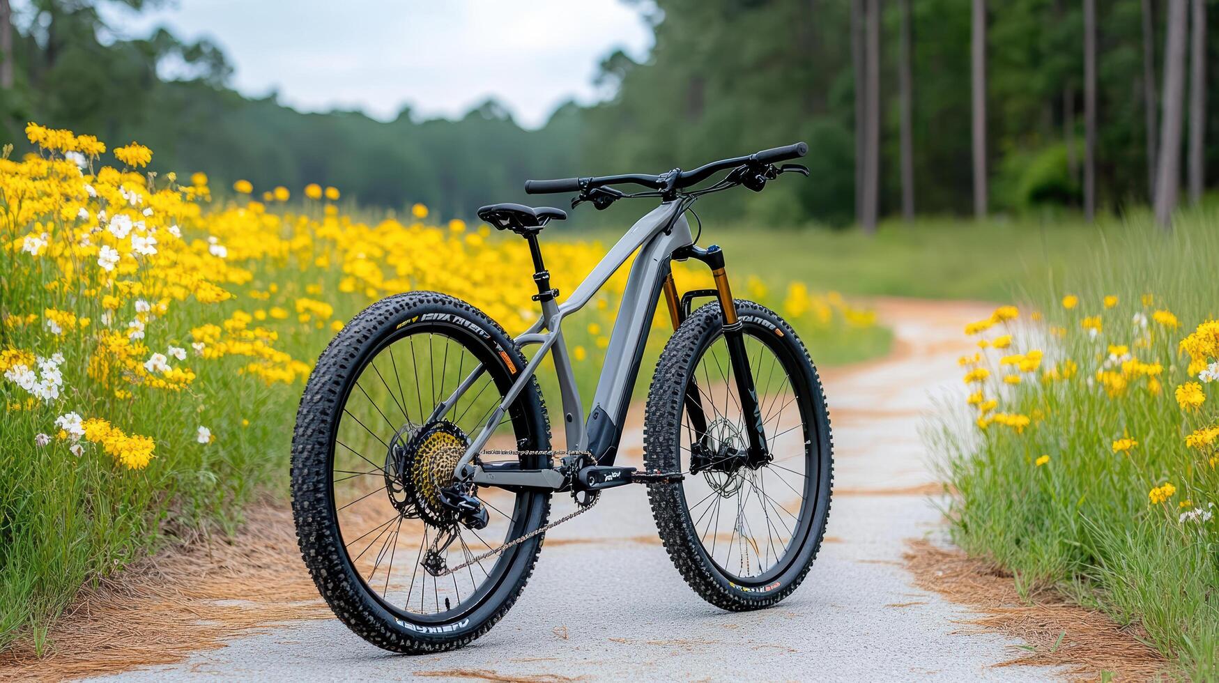 A mountain bike parked on a dirt road in a field of yellow flowers photo