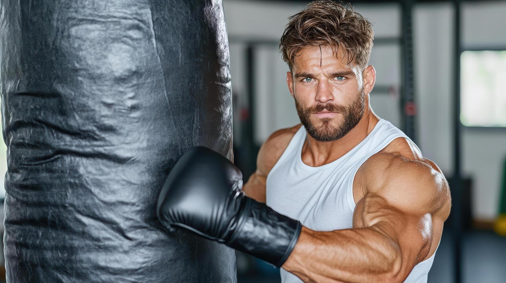 A man with a beard and muscles is standing in front of a punching bag photo