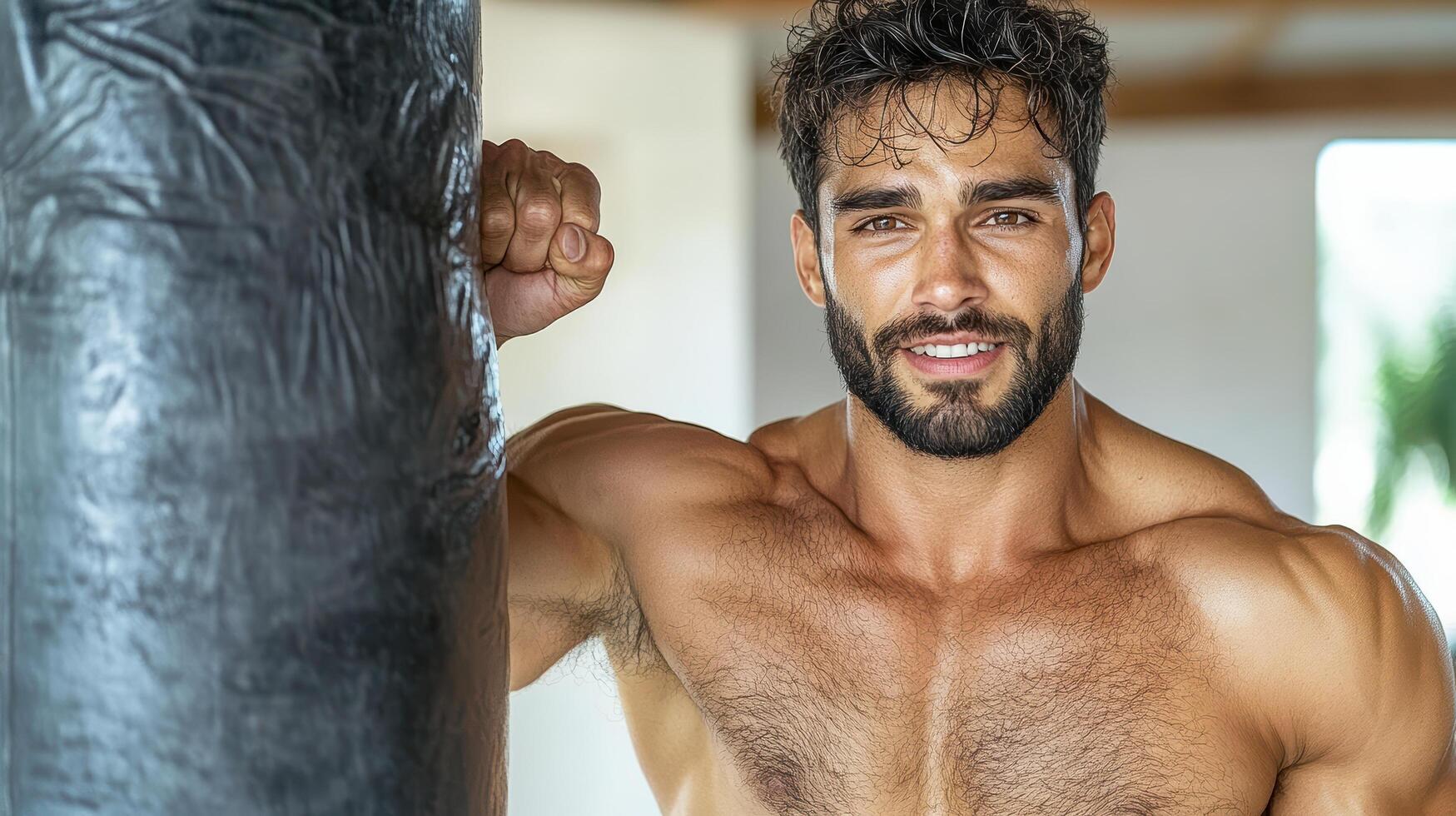 A shirtless man is leaning against a punching bag photo