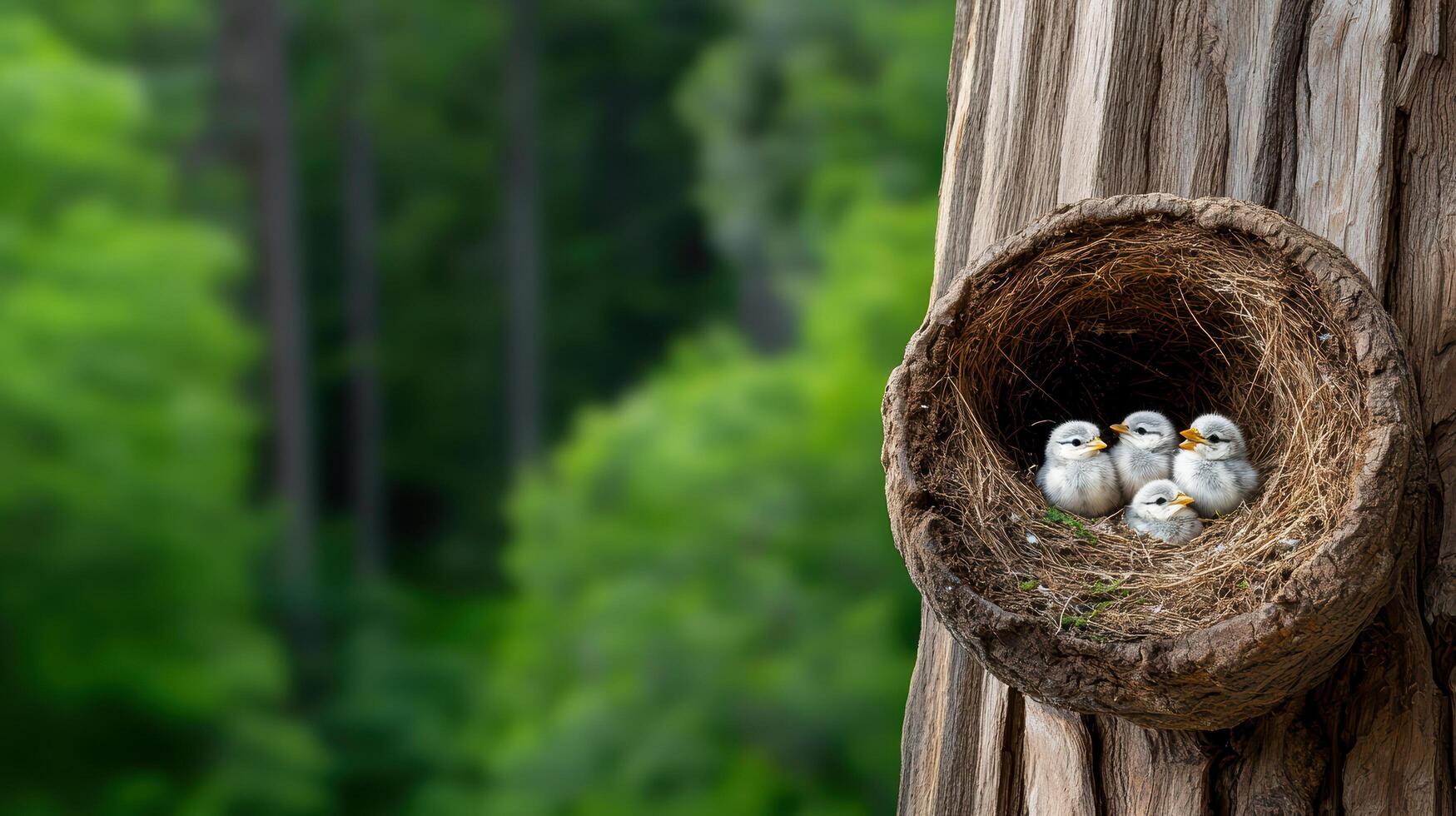 Three baby birds are sitting in a nest on a tree photo