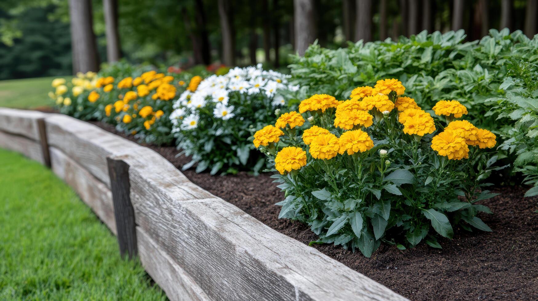 A garden with flowers and plants in the foreground photo